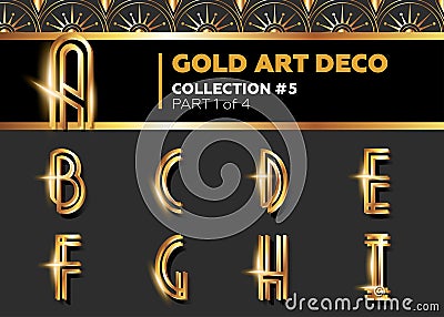 Vector Art Deco 3D Font. Shining Gold Retro Alphabet. Gatsby Sty Vector Illustration