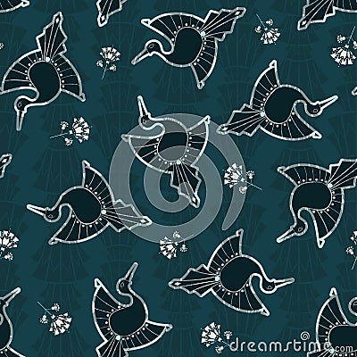 Vector Art Deco inspired Moody Black Swans with Snowdrop Flowers seamless pattern background. Vector Illustration