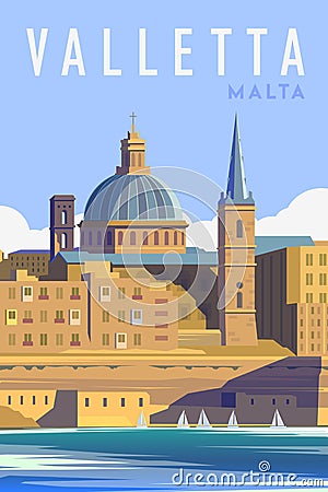 Vector art deco retro poster. Valletta Malta. Vector Illustration