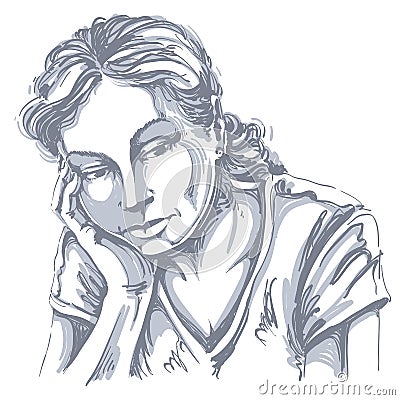 Vector art drawing, portrait of sad and depressed girl, thinking Vector Illustration