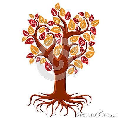 Vector art illustration of branchy autumn tree with strong roots Vector Illustration