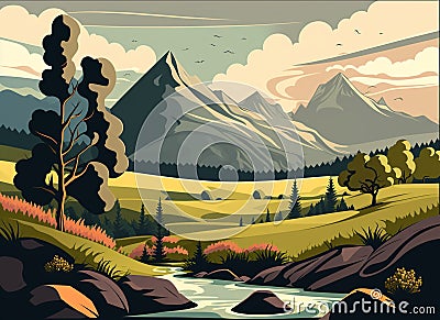 Vector art landscape, green, gray, brown and white colors with mountains and river Cartoon Illustration