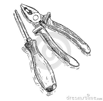 Vector Artistic Drawing Illustration of Combination Pliers and Screwdriver Vector Illustration