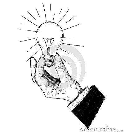 Vector Artistic Drawing Illustration of Hand of Businessman Holding Light Bulb Vector Illustration
