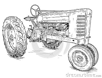 Vector Artistic Drawing Illustration of Old Tractor Vector Illustration