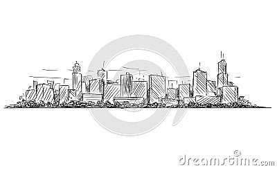 Vector Artistic Drawing Sketch of Generic City High Rise Cityscape Landscape with Skyscraper Buildings Vector Illustration