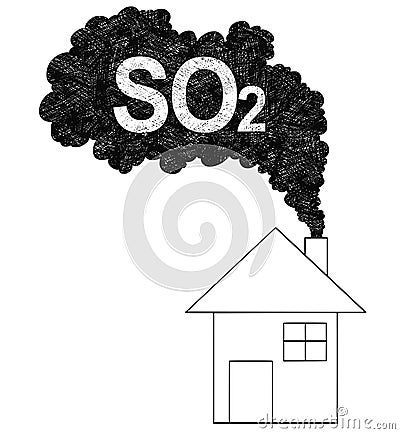 Vector Artistic Drawing Illustration of Smoke Coming from House Chimney, Sulfur Dioxide or SO2 Air Pollution Concept Vector Illustration