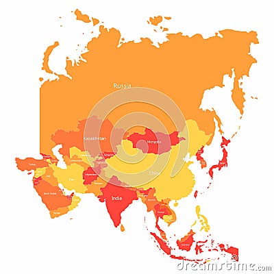 Vector Asia map with countries borders. Abstract red and yellow Asia countries on map Vector Illustration