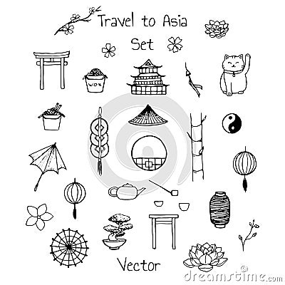 Vector asian set. Includes oriental elements: umbrellas, japanese lucky cats, coins, lanterns, bonsai, torii gates, noodles Vector Illustration