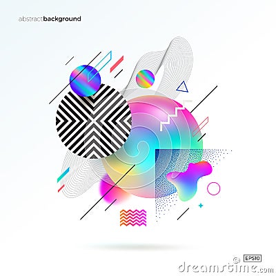 Astract design with different geometric, fluid, linear and stipple shapes. Abstract multicolored composition. Vector Illustration