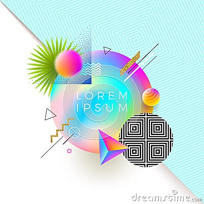 Astract design with multicolored gradient banner for text or message and different geometric, linear and stipple shapes. Ab Vector Illustration