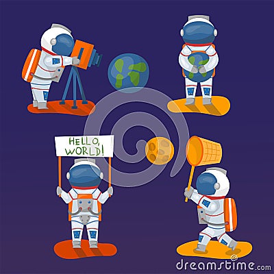 Vector astronauts in space, working character and having fun spaceman Vector Illustration