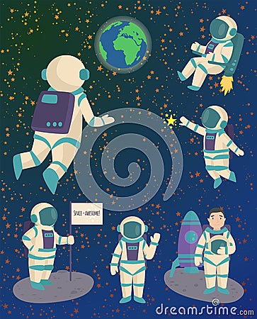 Vector astronauts in space, working character and having fun spaceman galaxy atmosphere system fantasy traveler man. Vector Illustration