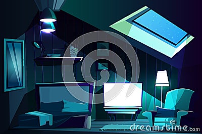 Vector attic room at night. Cartoon garret Vector Illustration