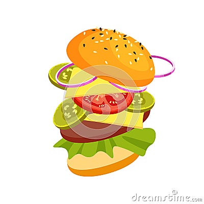 Vector attractive jumping burger. Vector Illustration