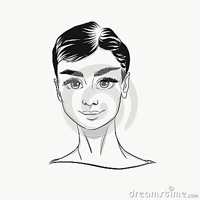 Vector Audrey Hepburn cartoon portrait black and white. Cute face with big eyes for fashion print Cartoon Illustration