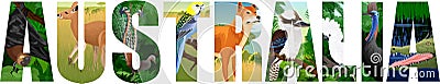Vector Australia word with animals with lyreburd, dingo, bat, parrot, crocodile, kookaburra, kangaroo and cassowary Vector Illustration