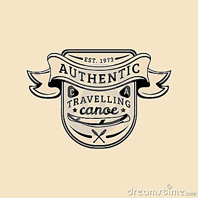 Vector authentic camp logo. Tourist sign with hand drawn canoe and paddles. Retro hipster badge of outdoor adventures. Vector Illustration