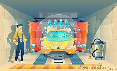 Vector automatic car washing service with worker Vector Illustration