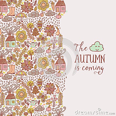 Vector autumn doodles card. Hand draw trees and leafs over the city. Lettering quote Vector Illustration