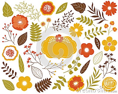 Vector Autumn Floral Set with Leaves, Flowers, Berries and Frame. Vector Autumn Leaves and Flowers. Vector Fall. Vector Illustration