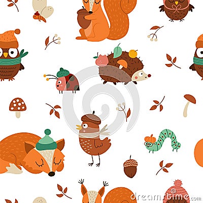 Vector Autumn forest animals and insects seamless pattern. Cute repeat background with hedgehog, squirrel, fox, bird, owl in hat Vector Illustration