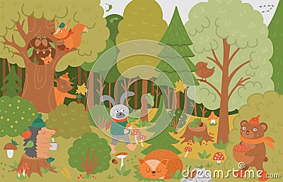 Vector autumn forest background with cute animals, leaves, trees, mushrooms. Funny woodland scene with bear, squirrel, sleeping Vector Illustration