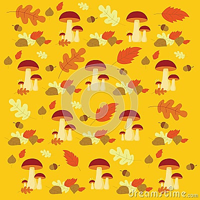 Vector Autumn forest mushrooms and leaves pattern Vector Illustration