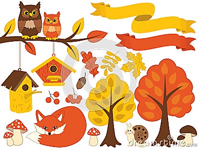 Vector Autumn Forest Set with Cute Bear, Owls, Mushrooms, Birdhouses. Vector Autumn Set. Fall Clipart Vector Illustration