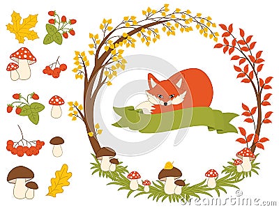 Vector Autumn Forest Set with Fox, Mushrooms, Wreath and Leaves. Autumn Clipart. Vector Illustration Vector Illustration