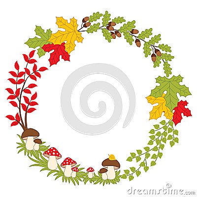 Vector Autumn Forest Wreath with Amanita, Leaves, Acorns and Berries. Vector Fall Vector Illustration