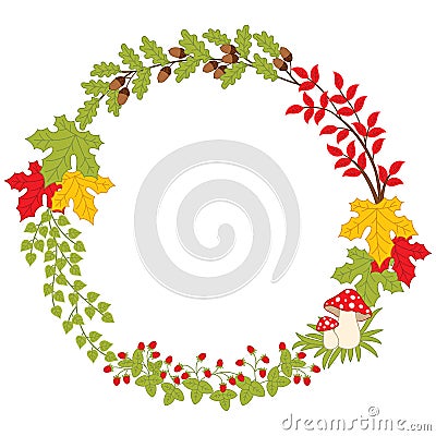 Vector Autumn Forest Wreath with Amanita, Leaves and Berries. Vector Fall Vector Illustration