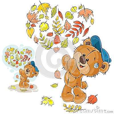 Vector autumn illustration of a brown teddy bear threw up the fallen leaves and made a heart out of them Vector Illustration