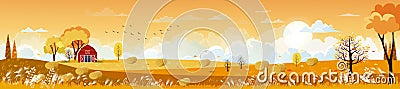 Vector Autumn panorama landscape farm field with orange sky, Beautiful sunset in Autumn countryside panorama view with yellow Vector Illustration