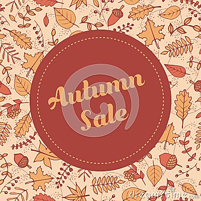 Vector autumn sale banner with pattern containing leaves and acorns. Flyer template for your design. Vector Illustration