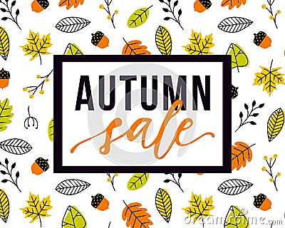 Vector autumn sale flyer template with lettering and pattern with fall leaves and acorns. Vector Illustration