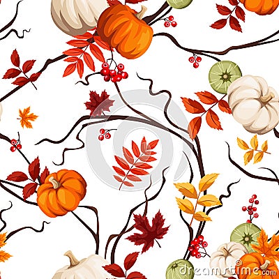 Autumn seamless pattern with pumpkins, autumn leaves, and willow branches. Vector illustration. Vector Illustration