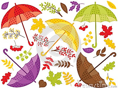 Vector Autumn Set of Colorful Umbrellas with Leaves Vector Illustration