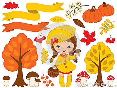 Vector Set with Cute Little Girl and Autumn Elements Vector Illustration