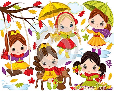Vector Autumn Set with Cute Little Girls and Colorful Leaves Vector Illustration