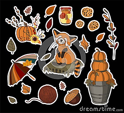 Vector autumn set of stickers. Umbrella and falling leaves. Autumn leaves. Children`s print for textiles and clothing. Product Vector Illustration