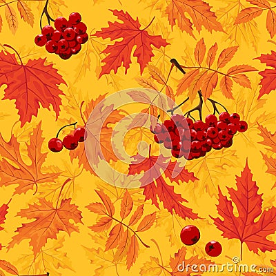 Vector Autumnal seamless background with leaf and ashberry Vector Illustration