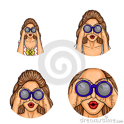 Vector avatar, icon, logo - pop art woman looks through binoculars for sale, discount. Illustration for chat, blog Vector Illustration