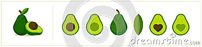 Vector avocado flat icons set. Cartoon design. Whole, half, sliced. Avocado with heart shape seed and with circle shaped Vector Illustration