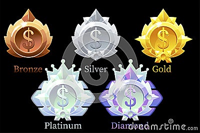 Vector awards medals dolllar gold, silver, bronze, platinum and diamond. Vector Illustration