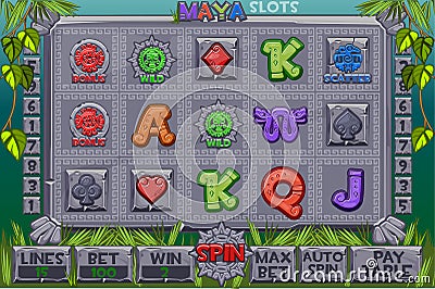 Vector Aztec Slots stone icons. Complete menu of graphical user interface and full set of buttons for classic casino Vector Illustration