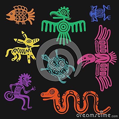 Vector aztec symbols or inca pattern culture signs isolated on black background Vector Illustration