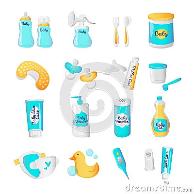 Vector baby accessories icons. Cartoon style newborn objects set. Vector Illustration