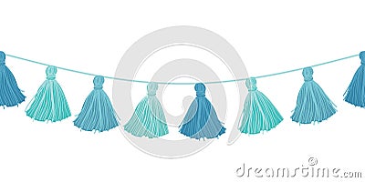 Vector Baby Boy Blue Hanging Decorative Tassels With Ropes Horizontal Seamless Repeat Border Pattern. Great for handmade Vector Illustration