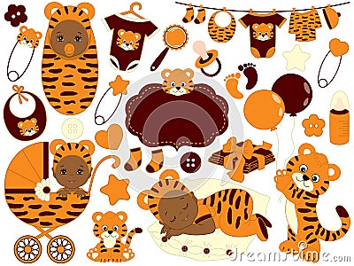 Vector Baby Boy Set with Tiger Pattern. Vector Baby Shower. Vector Illustration